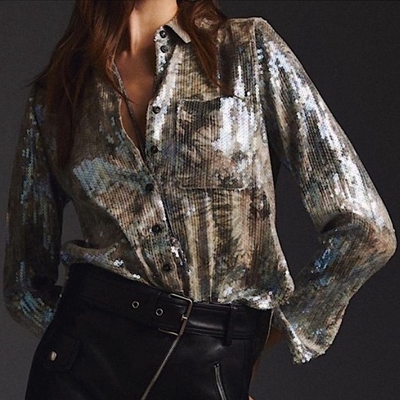 Pilcro Tops - Pilcro Metallic Sequin Blouse in Silver and Black